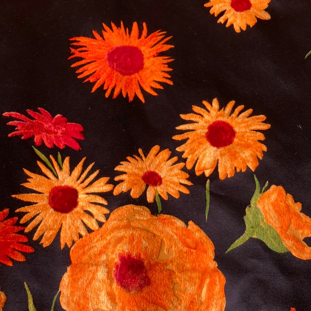 Vintage 60s 70s black satin vibrant floral flocked maxi skirt sz M EUC - Picture 2 of 9